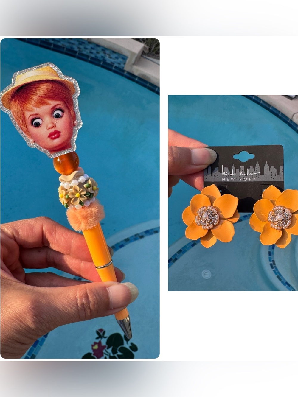 Barbie pen and flower earrings